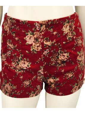 Women's Cotton Candy Red Floral Velvet Shorts Size Medium Stretch Back Zip